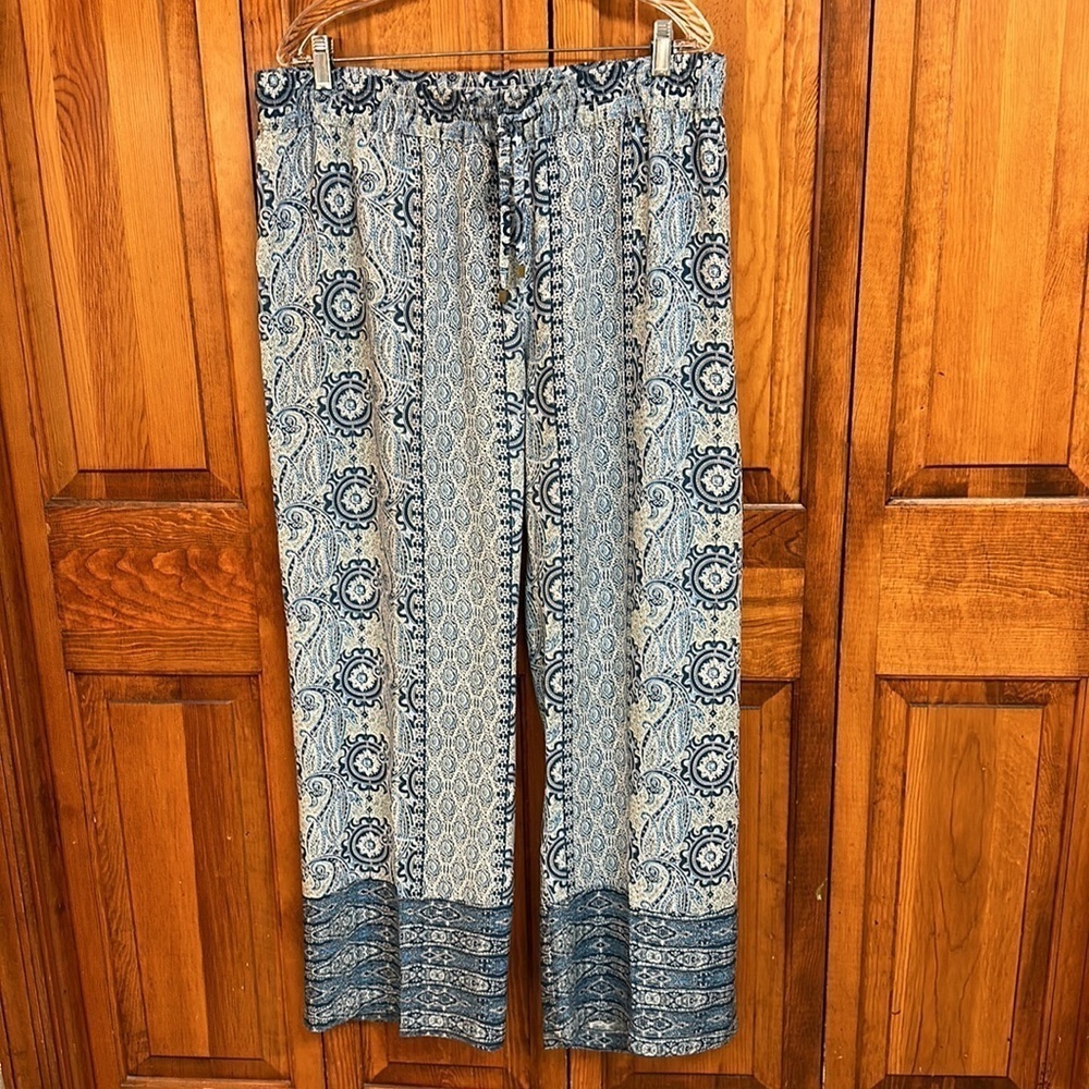 Hester & Orchard Blue Paisley Print Rayon Pull-on Boho Wide Leg Lounge Pants XL - Picture 2 of 10